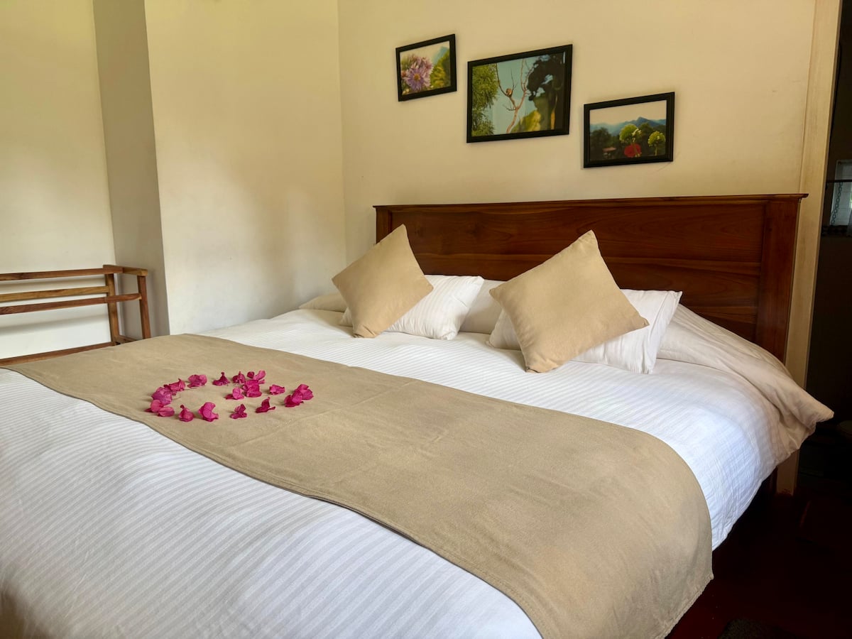 Queen bed and red curtains in one of Villa Krista’s bedrooms
